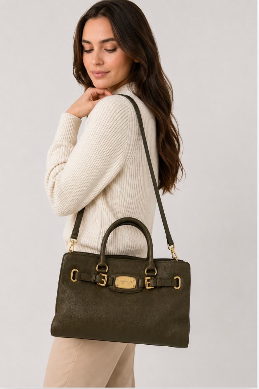 Michael Kors Hamilton E/W Large Olive Pebbled Leather Tote Satchel Bag